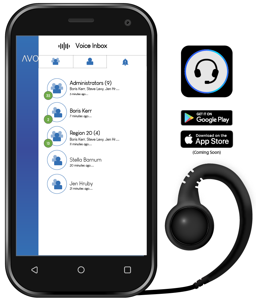 Avoice phone and headphone with icons for Google Play store and Apple App Store